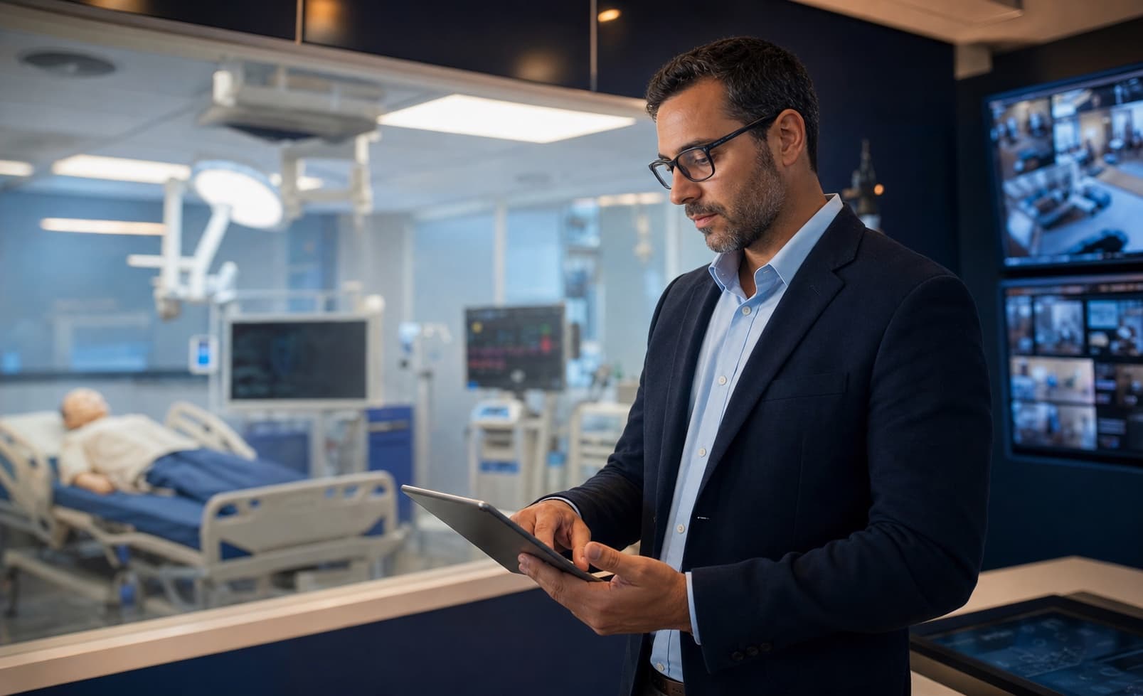 Consultant reviewing simulation technology plans in a modern healthcare simulation centre.