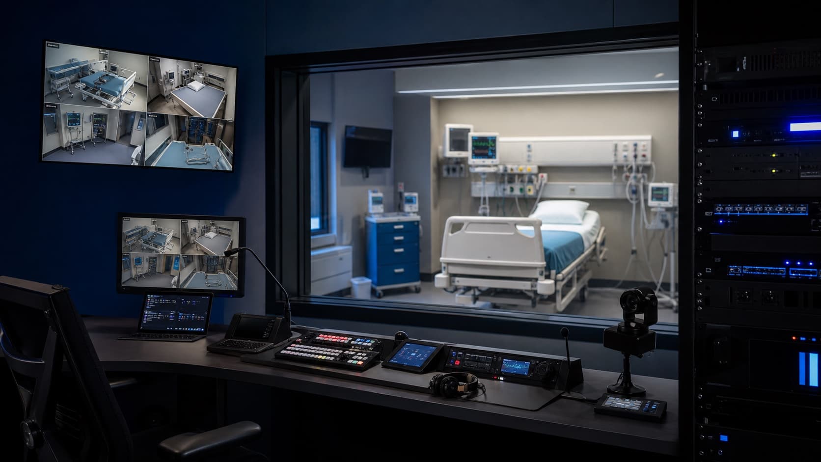 Simulation control room with AV monitoring and observation equipment.