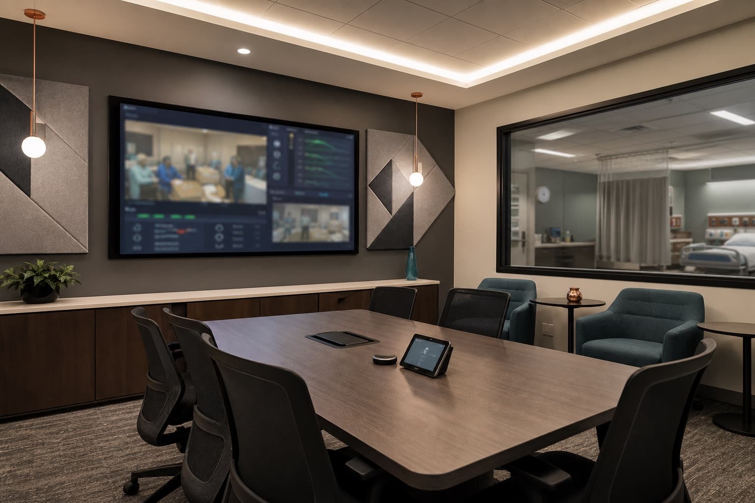 Professional debriefing room with table, display, and acoustic treatment.