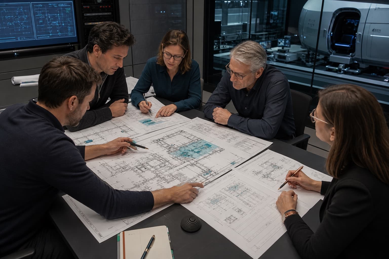 Simulation project team reviewing design drawings and planning notes.