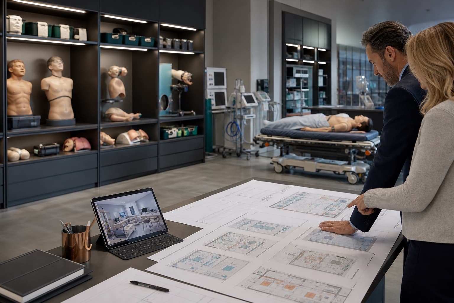 Simulation equipment planning table with medical training equipment and project documents.