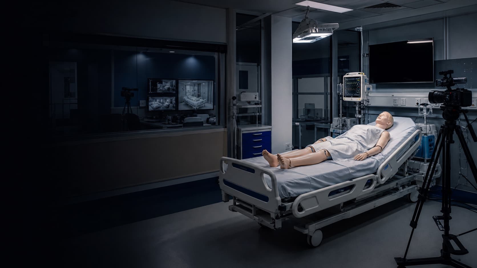 High-fidelity manikin in a realistic medical simulation room with AV equipment.