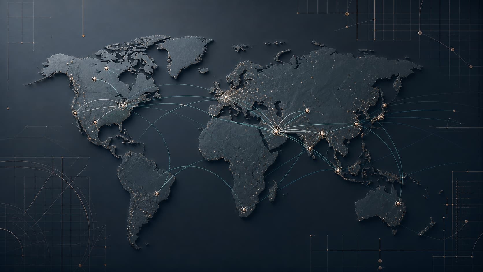 Abstract international project map with subtle technical connection lines.