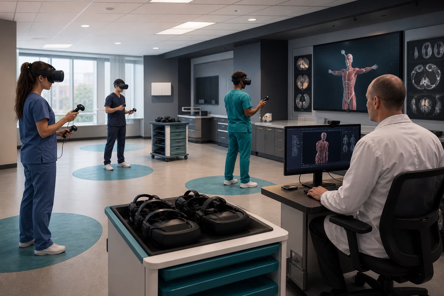 Healthcare learners using VR in an organized immersive learning room.